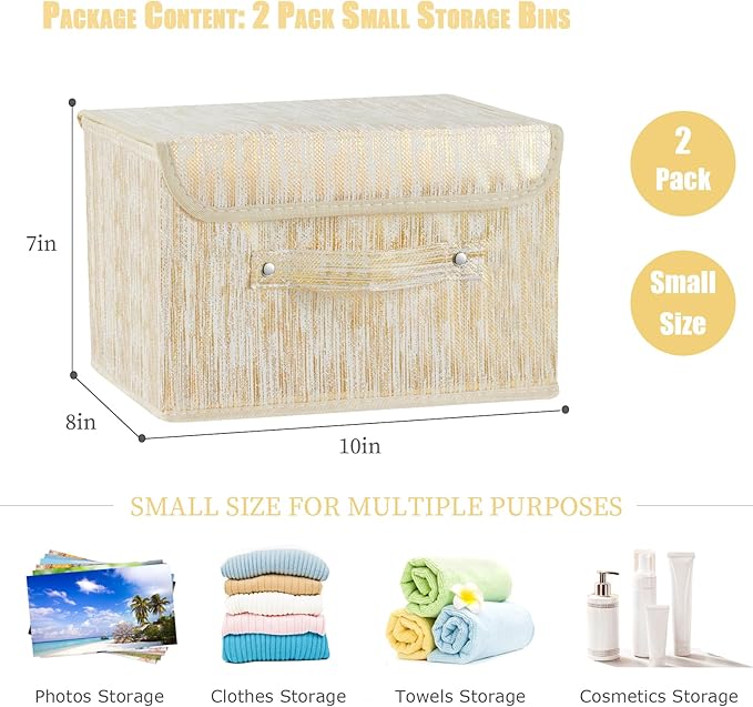 2PCS Decorative Storage Boxes with Lid Luxury Metallic Fabric Storage Bins Organizer Container Collapsible Shelf Basket with Handles for Home Bedroom Closet Office (Gold, Small Size)
