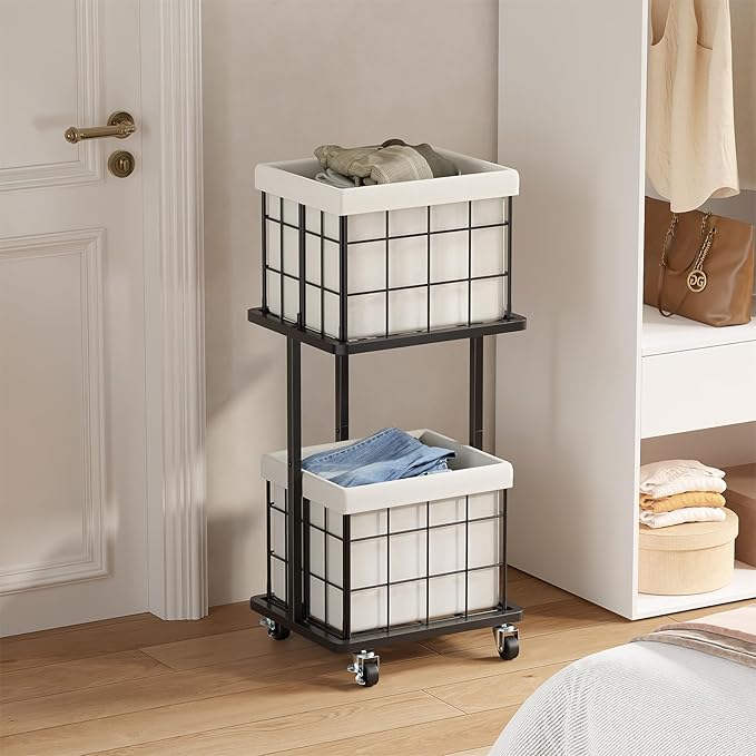 80L Vertical Rolling Laundry Hamper with Removable Bags, 2 Section Laundry Basket with Wheels, Slim Tall 2 Tier Laundry Sorter for Small Spaces, Dorm, Bathroom, Laundry Room, Closet, White