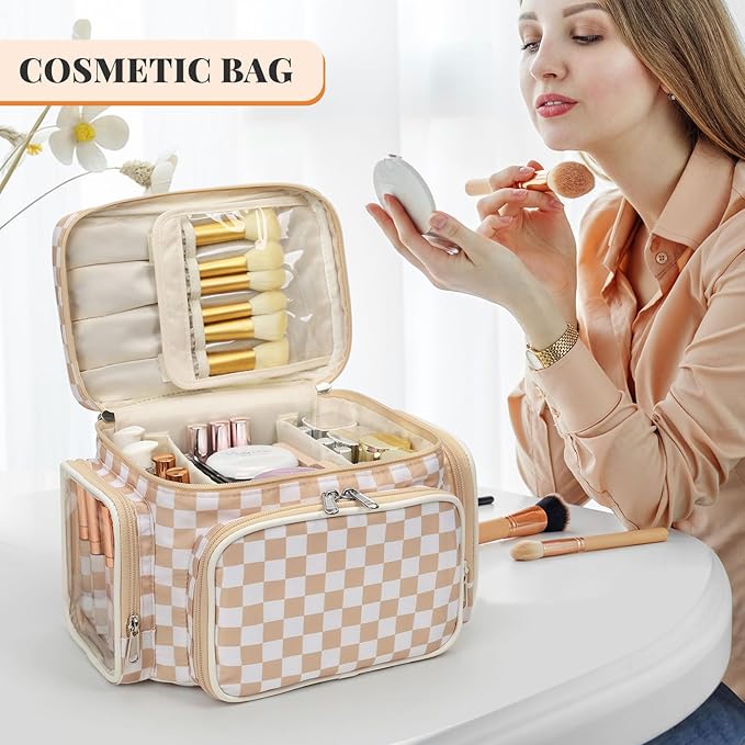 Bagmoly Large Makeup Bag, Portable Travel Makeup Bag Organizer for Women Girls with Makeup Brush Compartment & Two Side Pockets, Cosmetic Travel Bag Vertical Storage Toiletry- Checkerboard