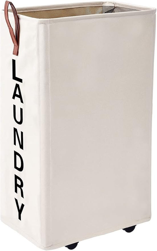 70L Large Rolling Laundry Hamper - Tall Narrow Basket With Wheels, Slim Clothes Bin, 27.5" Beige