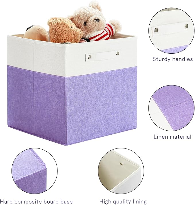 FinishingBo 13 x 13 Inch Fine Linen Storage Bins with Handles，Fabric Cube Boxs，Basket Organizers for Shelves for Home, Closet Drawers (White/Purple-6 Pack)