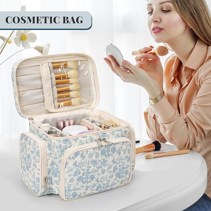 Bagmoly Large Cotton Makeup Bag, Quilted Floral Makeup Bag Organizer for Women Girls with Makeup Brush Compartment & Two Side Pockets, Cosmetic Travel Bag Vertical Storage- Blue Flower