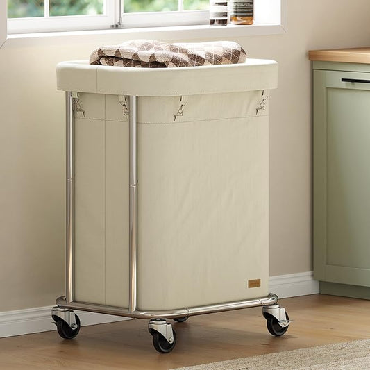 Nunsino Laundry Basket with Wheels 150L/40Gal, Rolling Laundry Hamper with Steel Fram and Removable Washing Bag,Laundry Sorter Cart for Laundry Room,Hotel,Dorm,Cream and Silver