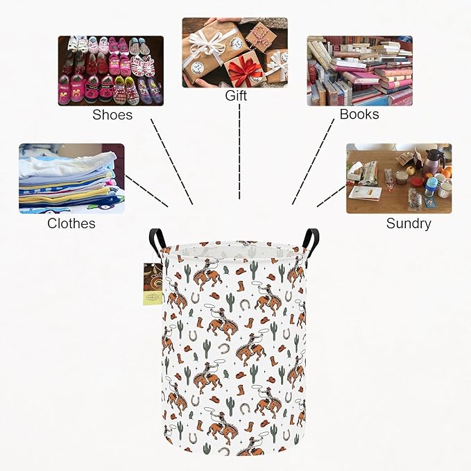 HUNRUNG Collapsible Fabric Storage Basket, Waterproof Laundry Hamper with Handles, Round Storage Bin for Clothes Toys, Foldable Organizer for Bedroom Nursery Bathroom(Round-Cowboy)