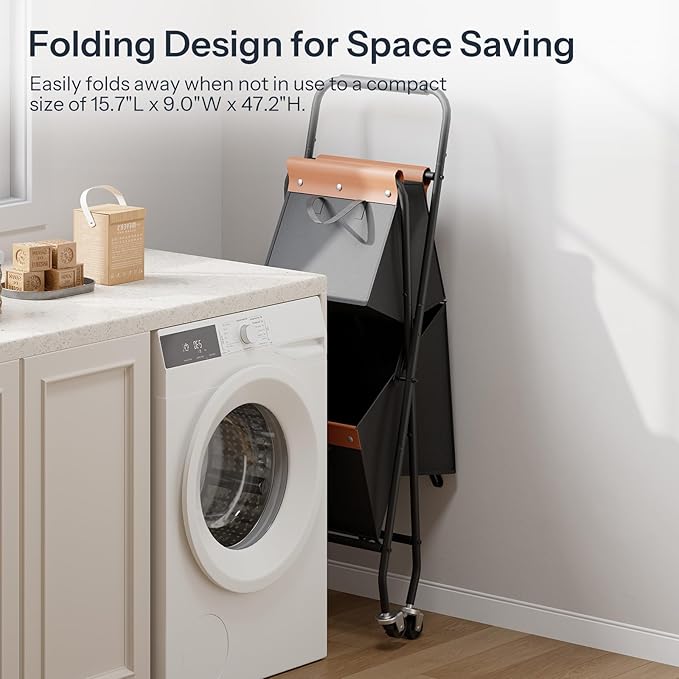 HOOBRO Folding Laundry Cart with Wheels, 17.8 Gal. (67.5 L) Rolling Laundry Hamper, 2 Section Clothes Basket with Metal Frame & Canvas Liner for Small Narrow Space, Black and Brown BB23XY01