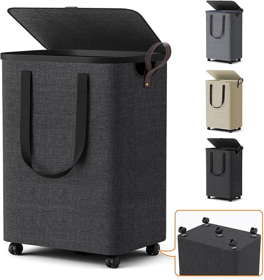 Laundry Basket with 5 Wheels, Tall Dirty Laundry Hamper, Rolling Laundry Basket with Lid, Collapsible Clothes Hamper for Bathroom Bedroom Dorm Laundry Room, Dark Gray, 75L