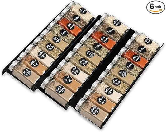 6PCS Expandable Spice Drawer Organizer Insert, Adjustable Tiered Countertop Tray for Spice Jars - Fits Kitchen Drawers (6, Black)