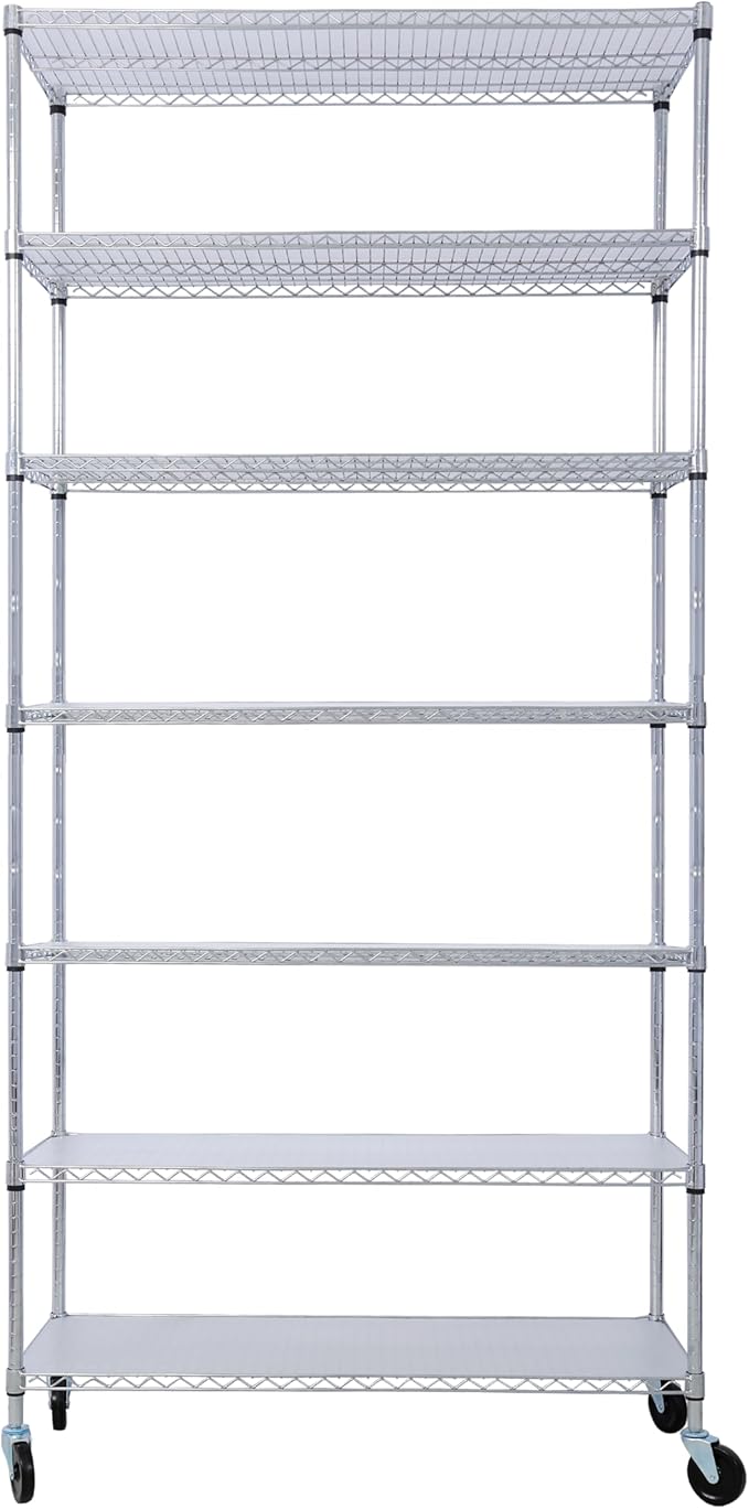 7 Tier Storage Racks Shelving, Heavy Steel Pantry Shelves, Adjustable Wire Shelving Rack with Wheels, Suitable for Garage, Kitchens, Bathroom, Offices, 48" W x 18" D x 82" H, Chrome