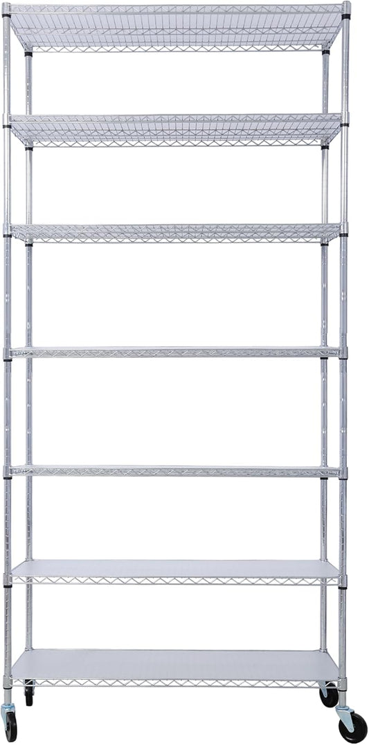 7 Tier Storage Racks Shelving, Heavy Steel Pantry Shelves, Adjustable Wire Shelving Rack with Wheels, Suitable for Garage, Kitchens, Bathroom, Offices, 48" W x 18" D x 82" H, Chrome