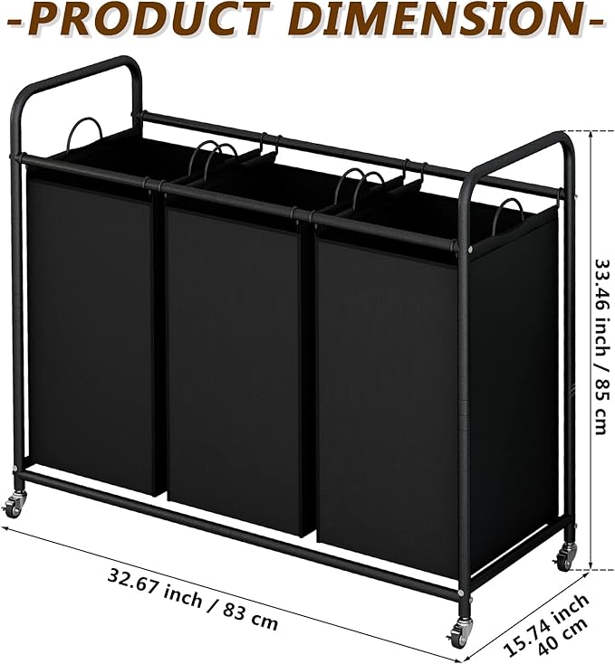 SUOERNUO Laundry Sorter Basket 3 Bag Laundry Hamper Cart with Rolling Lockable Wheels and Removable Bags Organizer Cart for Clothes Storage, Black