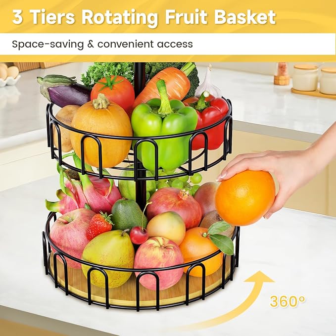 PouHenier.jh 3 Tier Rotating Fruit Basket Bowl, Kitchen Counter Wire Produce Organizer Holder, Stable Vegetable Storage Stand with 2 Banana Hangers, Countertop Tiered Veggie Rack, Easy Setup, Black