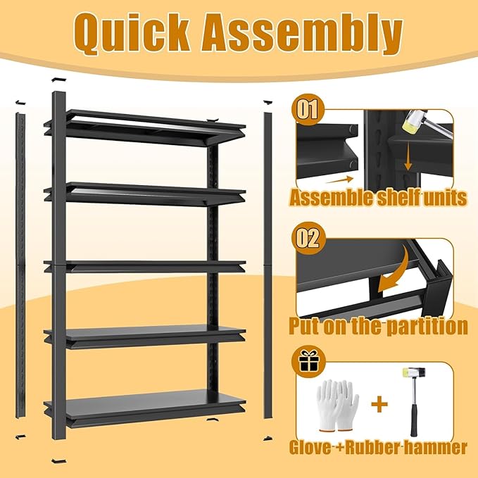 40''W/54''H Garage Shelving Heavy Duty 5 Tier Metal Shelf Unit Garage Storage Shelves Organizer for Tools and Equipment, Deep Shelves for Kitchen Bedroom Shop, Black