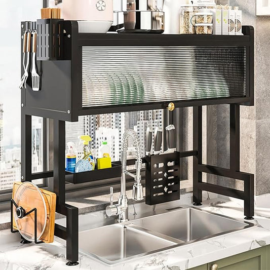Over The Sink Dish Drying Rack, 3-Tier Carbon Steel Kitchen Storage Cabinet with Cover, 33.46" Heavy-Duty Large Capacity Dish Drain Shelf for Kitchen Sink Organization