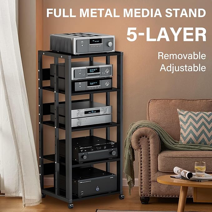 5-Tier AV Media Stand with Wheels, Media Console Cabinet With Adjustable Shelves, Metal Audio Rack, Mobile Game Console Stand, Stereo Audio Cabinet For Record Player, Dvd, TV Box