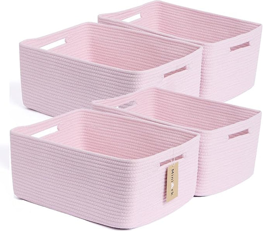 MiniArk Large Storage Baskets for Organizing, Closet Shelf Baskets for Clothes Blanket Towels, Baby Nursery, Toy Bins Box, Woven Rope Baskets, 17 x 13 x 7.5”, 4 Packs Light Pink