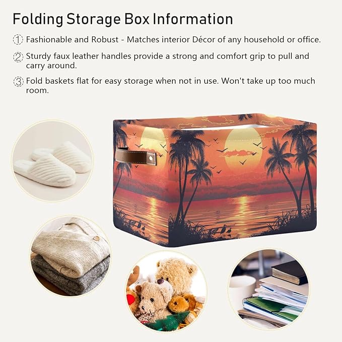 xigua Summer Palm Trees Storage Basket Collapsible Storage Bins Waterproof Canvas Storage Basket with Leather Handles for Home Closets Offices,Bedrooms,Gift Baskets,2PCS