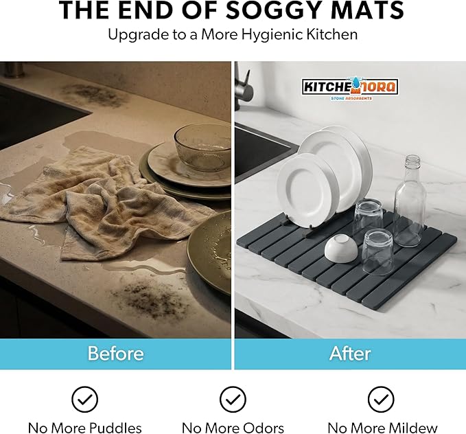 Stone Drying Mat for Kitchen Counter - Super Absorbent, 30sec Fast-Drying Diatomite Dish Mat, Collapsible for Kitchen.