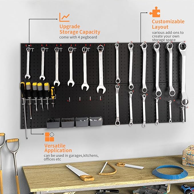 Peg Board for Wall 48x24 inch with 63 Pcs Hooks Accessories, Garage Storage Pegboard Wall Organizer, Metal Pegboard Panels with Hooks, Modular Mounted Control Peg Board Tool Organization (Black)