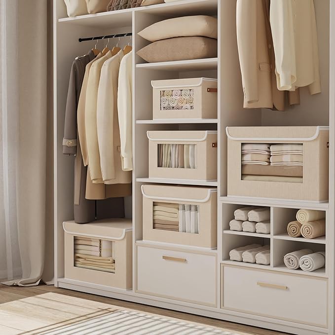 Foldable Storage Boxes with Lids, Linen Closet Organizers,10.2 x 7.8 x 6.7 Inch Storage Bins for Shelves with Handles, Beige, 3-Pack