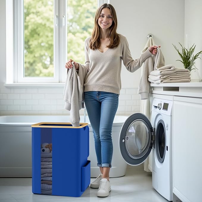 SpaceTrove Laundry Basket Clothes Hamper with Lid and Pocket Large Collapsible Laundry Baskets with Handle, Blue Freestanding Hampers for Bedroom Aesthetic, Dorm, Bathroom, Laundry Room (80L)