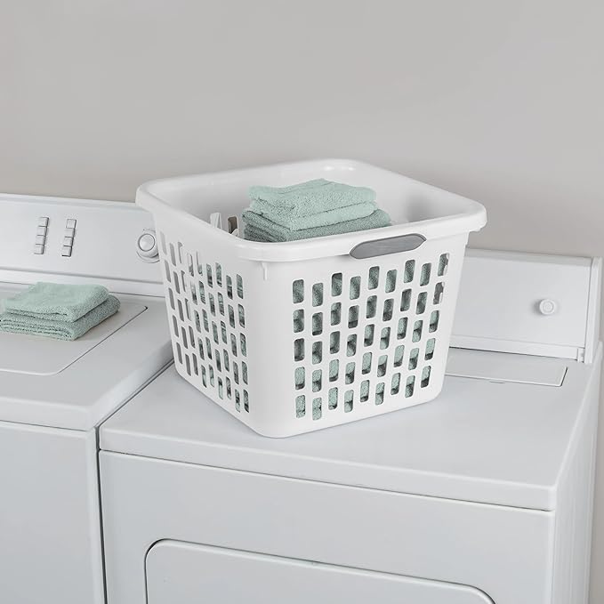 1.5 Bushel Square Plastic Laundry Basket, BPA-Free, White - 2 Comfort Grip Handles, Sturdy & Stackable, for Bedroom, Bathroom & Laundry Room
