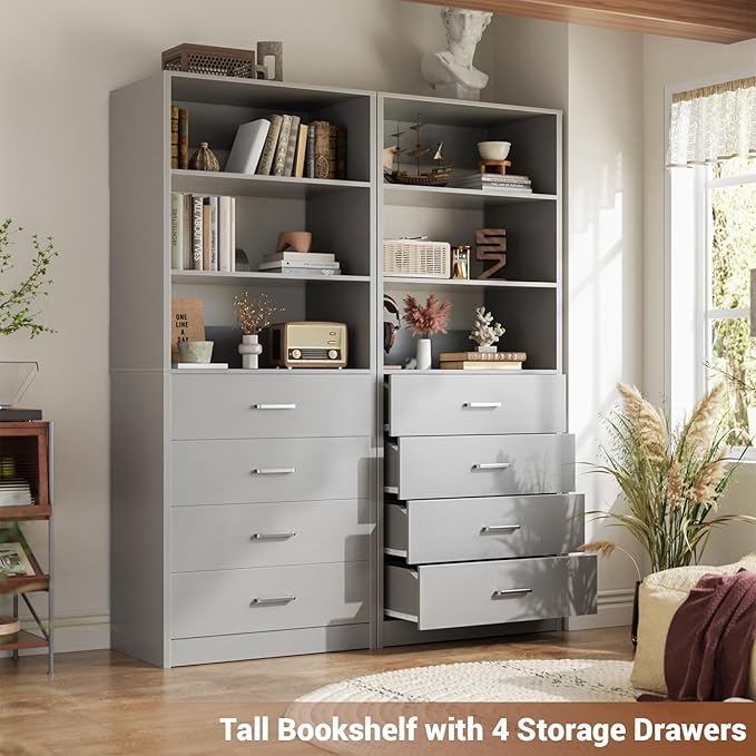Aheaplus Closet Drawers Organizer System, 21.3" Wood Closet System with 4 Drawers, Modular Walk-in Closets Storage Unit, Tall Bookshelf Storage Cabinet, Grey