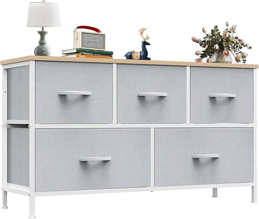 OLIXIS Dresser for Bedroom with 5 Drawers, Wide Chest of Drawers, Fabric Bedroom Dresser with Drawer Organizer, Storage Organizer Unit with Fabric Bins for Closet, Living Room, Hallway, Light Grey