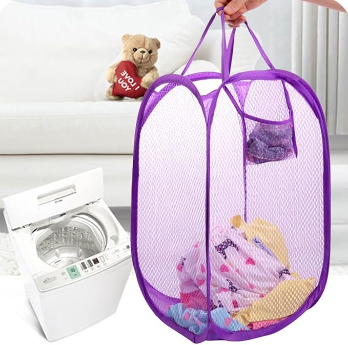 RZJZGZ Foldable Pop-Up Mesh Laundry Hamper with Side Pocket Clothes Laundry Basket Storage Bag with Carry Handles for Dirty Clothes (2 Pack)