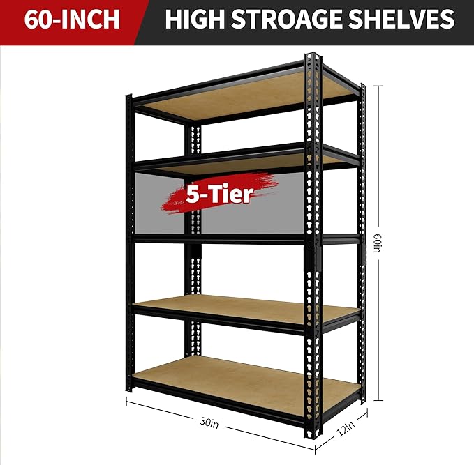 Heavy Duty Garage Storage Shelves 2 Pack, 2000 Lbs Capacity, 5-Tier Adjustable Storage Shelving Unit, 30"L x 12" W x 60"H Metal Shelving Racks for Kitchen Pantry Basement Bathroom Laundry