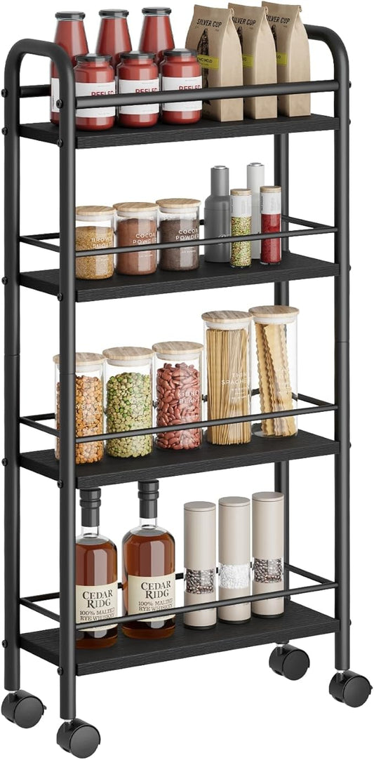 Asgolion Slim Storage Cart, 4-Tier Small Rolling Cart with Wheels, 5.9" Deep, Narrow Bathroom Shelf Trolley for Kitchen, Bathroom, Laundry Room, Black Standard 4-Tier (5.9" W x 33.6" H)