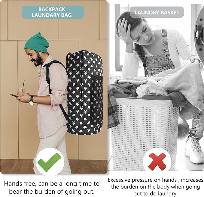 Laundry Bag Backpack, Extra Large Travel Laundry Bag with Mesh Pocket & Adjustable Shoulder Straps,Dirty Clothes Travel Bag for College Students Dorm,Apartment(Star Shape)