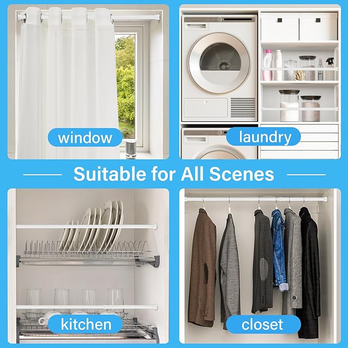 1pack Spring Tension Rods 23-46 Inch Adjustable White Tension Rod Spring Curtain Rod Extendable Short Curtain Rod Spring Loaded Curtain Rods Tension Rod for Curtains, Closet, Kitchen