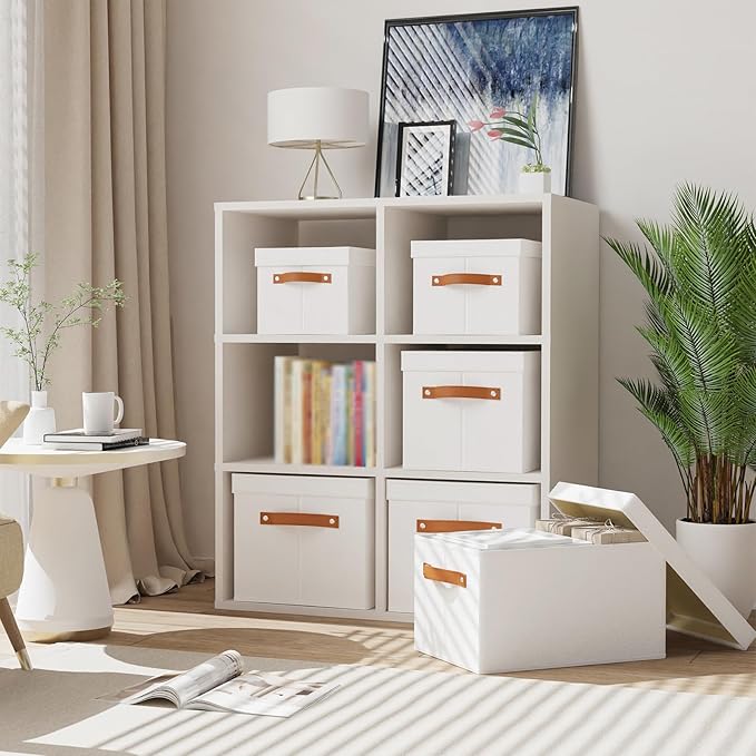 3 Pack Storage Boxes with Lids, Storage Baskets for Shelves, Decorative Linen Closet Organizers with Handles, White, 16.5 x 11.8 x 10.2 Inch