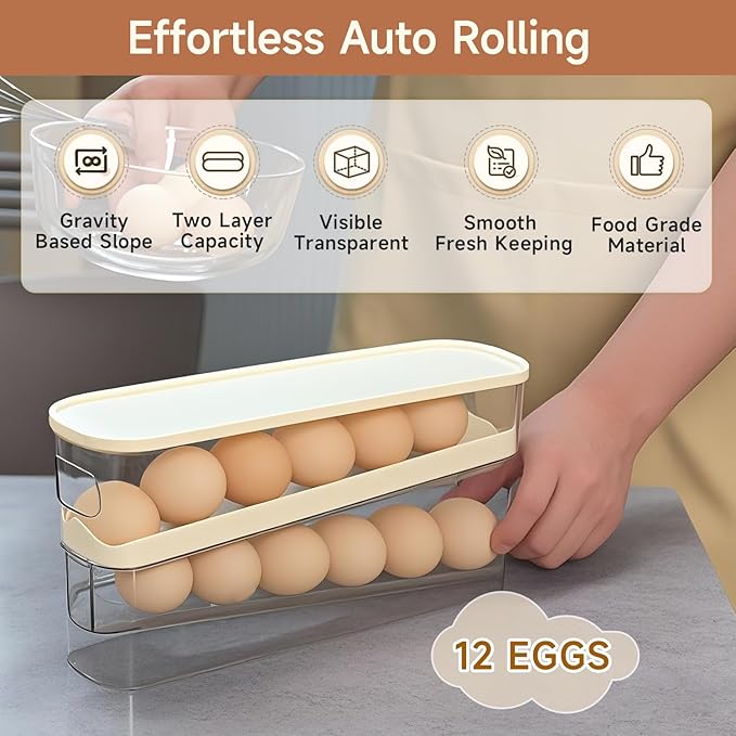 Rolling Egg Holder for Fridge, Egg Dispenser for Refrigerator, Automatic Rolling Storage Container for Countertop, Kitchen & Outdoor Use (3.35"x3.74"x11.02") 2 Pack