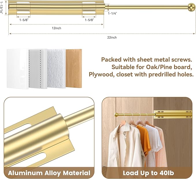 12" Valet Rod Standard for Closet, Slide Out Closet Valet Rod - 12" to 22", Polished Chrome Finish, Heavy-Duty 40lbs Capacity (Gold)