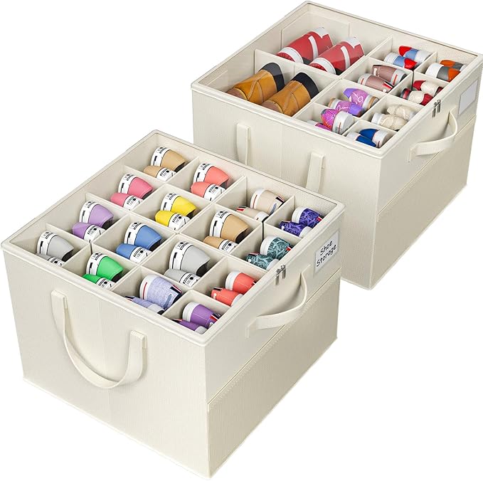 NestOrganix 2 Pack Shoe Organizer for Closet, Large Shoe Box Storage Containers, Foldable Shoe Storage Organizer Box Bin with Adjustable Dividers and Clear Cover, Space Saving Shoes Holder, Beige