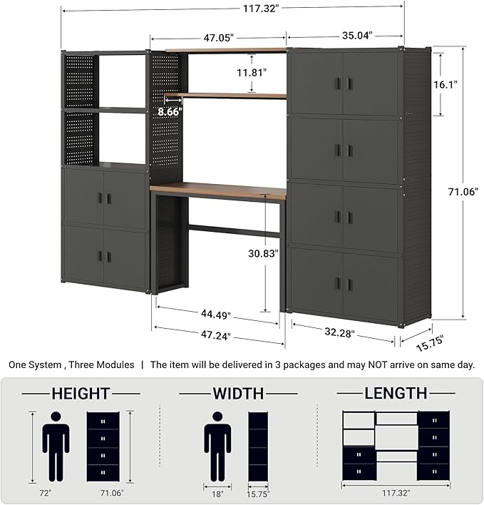 FLEXIMOUNTS Garage Storage Cabinet System, 3-in-1 Modular Metal Tool Cabinet w/ Workbench and Metal Board Shelf Includes Pegboard, 24-Gauge Steel, 117"(L) w/ 6 Doors, Black, FLEXIMOD Series