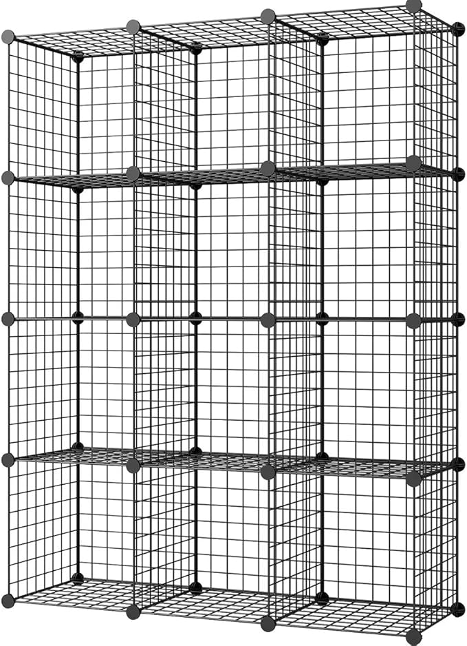 KOUSI 14"x14" Wire Cube Storage, Metal Grid Organizer, 12-Cube Modular Shelving Unit, Stackable Bookcase, Ideal for Living Room, Bedroom, Office, Garage