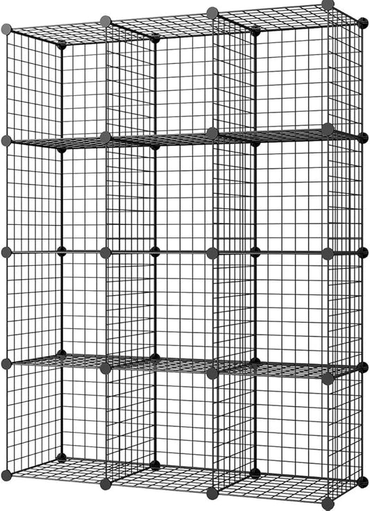 KOUSI 14"x14" Wire Cube Storage, Metal Grid Organizer, 12-Cube Modular Shelving Unit, Stackable Bookcase, Ideal for Living Room, Bedroom, Office, Garage
