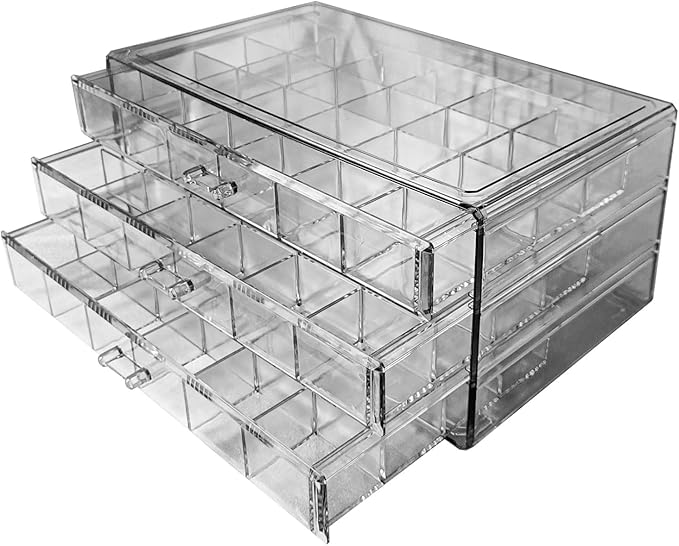 Acrylic Earrings Jewelry Organizer with 3 Drawers 72 grids, Stackable Necklace Rings Display Storage Case Box Holder, Clear Grey