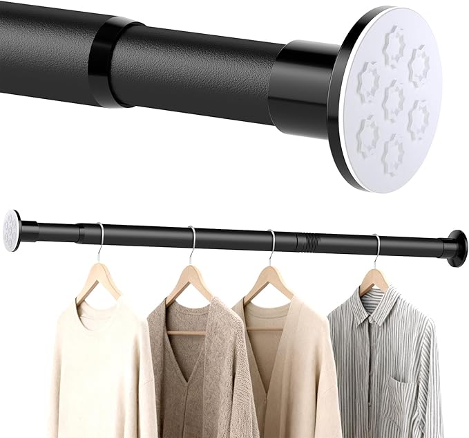 No Drilling Closet Rod, Adjustable Black Closet Rod, 28-98 Inches Heavy-Duty Closet Tension Rods for Hanging Clothes for Wardrobes, Closet, Laundry & Bathroom