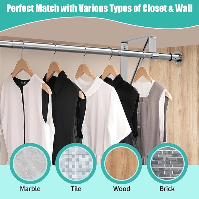 Closet Rod, 16 to 100 Inch Closet Rods Heavy Duty Adjustable Wardrobe Poles for Hanging Clothes and Heavy Duty Bracket Closet Pole Support (The Shelf NOT Included)(Silver)