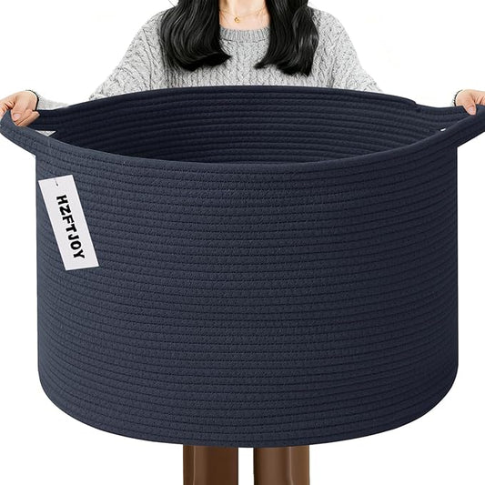 65L Large Blanket Basket,Woven Rope Laundry Basket Hamper with Handles,Decorative Nursery Basket Storage Bin for Toys, Pillows , Clothes Organizer, Living Room, Bedroom, Bathroom, Dark Blue