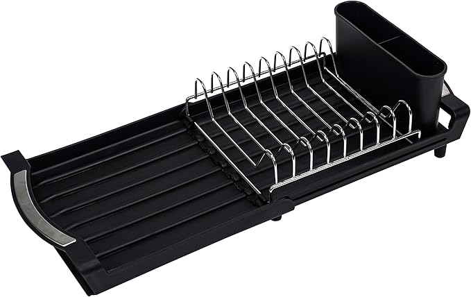 Over The Sink Dish Drying Rack, Adjustable Expandable Kitchen Sink Organizer (11.42-19.9 Inch), Heavy Duty Metal Dish Drainer with Utensil Holder, Space Saving, Black