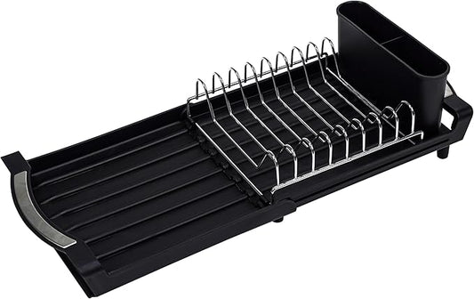 Over The Sink Dish Drying Rack, Adjustable Expandable Kitchen Sink Organizer (11.42-19.9 Inch), Heavy Duty Metal Dish Drainer with Utensil Holder, Space Saving, Black