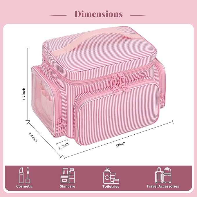 Large Makeup Bag, Portable Travel Makeup Bag Organizer for Women Girls with Makeup Brush Compartment & Two Side Pockets, Cosmetic Travel Bag Vertical Storage Toiletry Bag - Pink Stripe