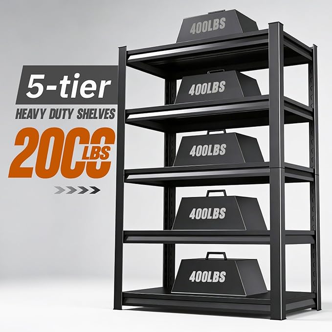 2000lbs Heavy Duty Garage Shelving, 5-Tier Adjustable Storage Shelves, 72" H x46 W x 19.6" D, Utility Metal shelvingfor Warehouse, Basement, Garage