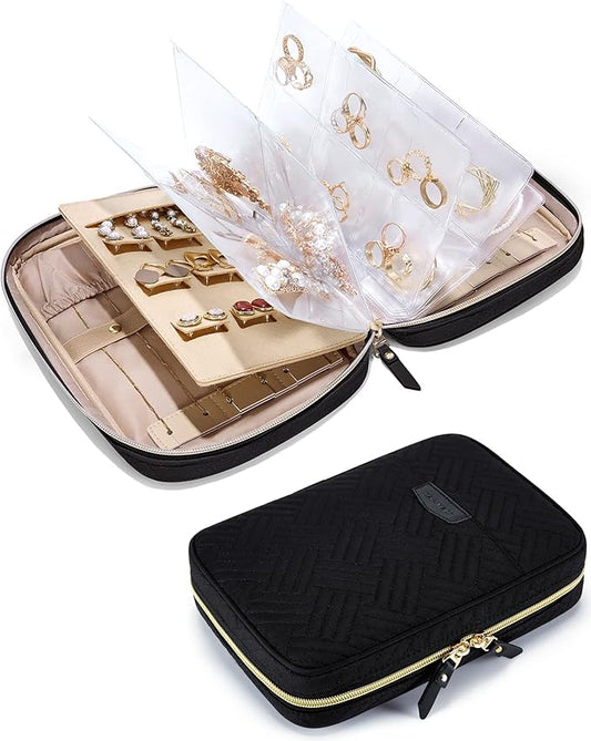 BAGSMART Jewelry Travel Organizer Case for Home Jewelry Organizer Storage Ring Binder Clear Bags Zipper Rolls Pouch for Necklaces, Earrings, Rings, Bracelets, Black