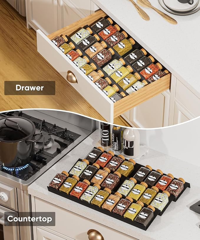 Artibear ABS Spice Drawer Organizer, Spice Rack Tray for Kitchen Cabinet, 9 Pieces Set-Expandable Seasoning Storage Rack From 8"-24" Insert for Drawer/Countertop (Jars Not Included)