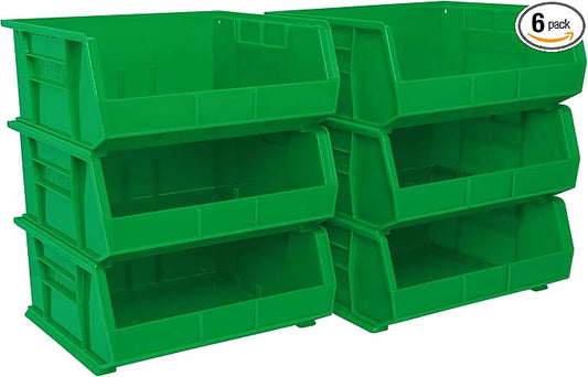 Akro-Mils 30250 AkroBins Plastic Storage Bins, Space-Saving Stackable Bins for Garage, Pantry, Craft Organization, 15" x 16" x 7", Green, 6-Pack